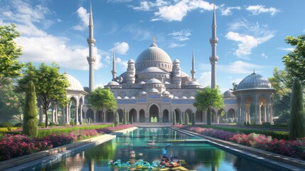 Obraz premium A Grand Mosque with Reflecting Pool and Lush Gardens