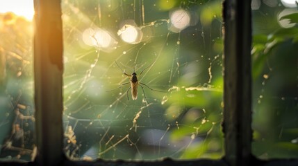 A Mosquito Trapped in a Spiderweb with a Blurry Green Background