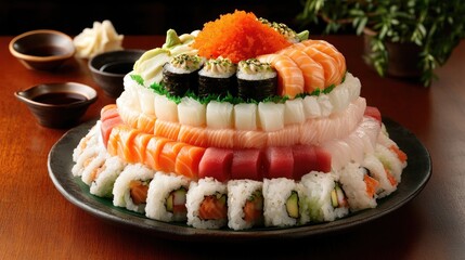 Colorful Sushi Platter on a Wooden Table