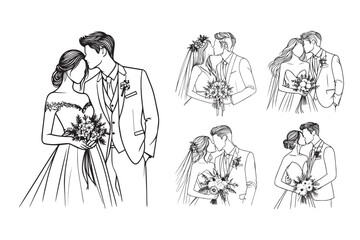 Illustration of a wedding scene featuring a kissing couple in line art style