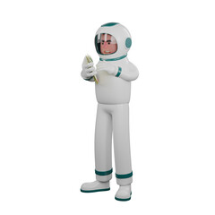 Illustration of Male Space Professional. A male astronaut stands carefully examining the details of several sheets of documents held in his hand. 3D Astronaut