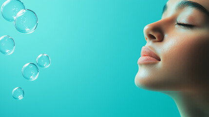 A young woman experiences peace and relaxation as she takes deep breaths, with floating bubbles creating a tranquil and soothing atmosphere around her, copy space