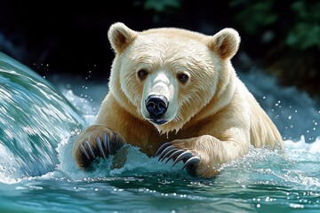 Watercolor of a bear fishing in a river, with soft blues and greens creating the flow of water and the motion of the bear&acirc;&euro;&trade;s powerful paws