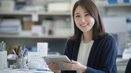 Fototapeta premium Smiling Asian businesswoman holding a digital tablet in a bright office environment