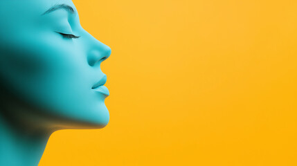 Obraz premium The tranquil blue silhouette of a woman’s face is set against a bright yellow backdrop, symbolizing the importance of psychological health and inner peace, copy space