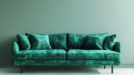 Green Velvet Sofa with Pillows Against a Teal Wall