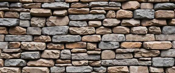 Close-up of a rustic stone wall showcasing various textures and earth tones. Masonry concept. Perfect for backgrounds or illustrating construction materials