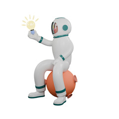 3D Cartoon of Male Astronaut. A male astronaut sits on a miniature moon holding a lit lamp in his right hand. Professional