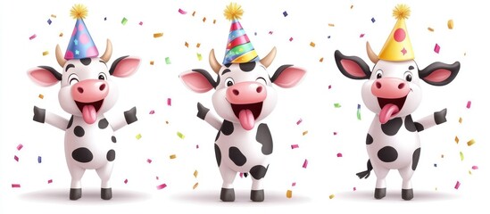 Three cartoon cows wearing party hats with confetti around them.