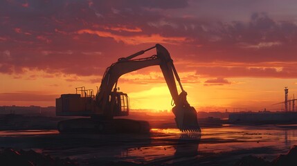 Excavator Silhouette Against a Dramatic Sunset Sky