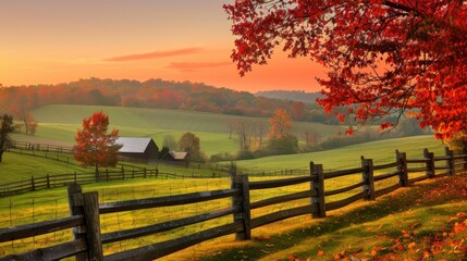 Fototapeta premium Autumnal Landscape with a Wooden Fence
