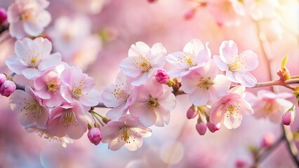 Delicate spring blossoms in extreme close-up with soft pink petals and gentle sunlight