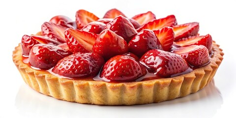 Delicate strawberry tart with fresh strawberries and glossy glaze isolated on white background