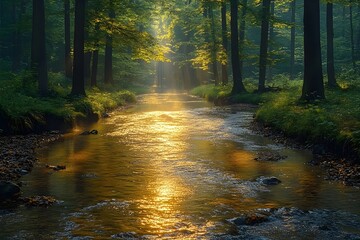 Naklejka premium Sunlight filters through the trees, illuminating a tranquil river winding through a lush green forest.