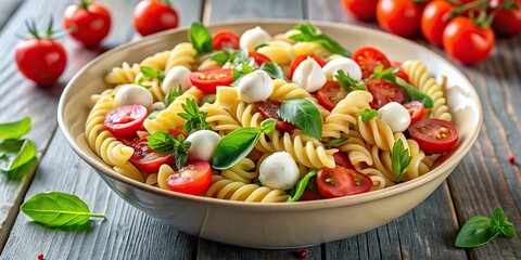 Delicious and healthy pasta salad with fresh tomatoes basil and mozzarella cheese