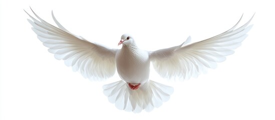 Obraz premium White dove in flight with wings spread wide against a white background.