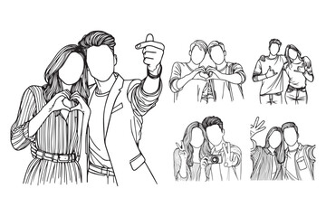 Fototapeta premium Line Art Happy Friendship Pose Photo with Sign Gesture Art Black and White Illustration Hand Drawn Clipart