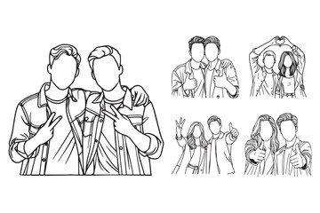 A hand-drawn line art illustration of friends posing happily with sign gestures