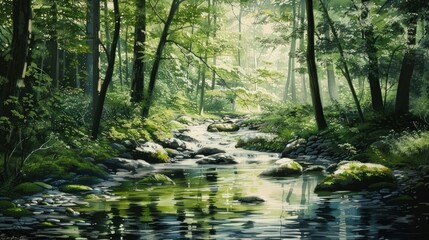Obraz premium Serene Stream Through a Sun-Dappled Forest