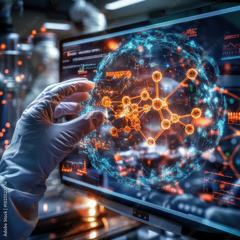 Aufkleber scientist interacts with digital touchscreen display, showcasing detailed visualization of molecular