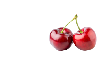 two red cherries isolated on white background transparent PNG and copy space