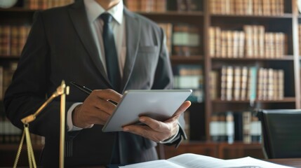 Lawyer in Suit Using a Digital Tablet in a Law Office