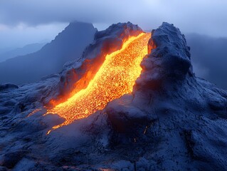 Naklejka premium A fiery river of lava flows down a rocky mountainside, illuminating the surrounding landscape with an otherworldly glow.