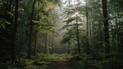 Fototapeta premium Sunbeams Through Foggy Forest
