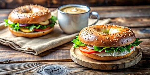 Delicious breakfast bagel sandwich with latte art coffee on rustic table