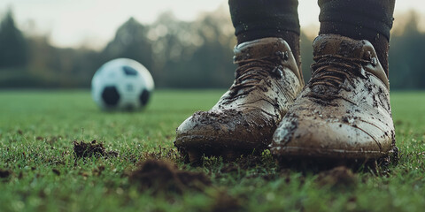 Fototapeta premium Close up of football boots with mud on them, generative AI