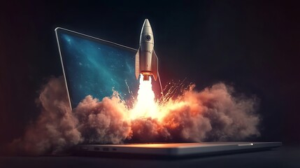 Fototapeta premium Laptop Rocket Launch Digital Innovation Technology