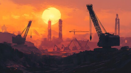 Silhouetted Construction Cranes Against an Orange Sunset