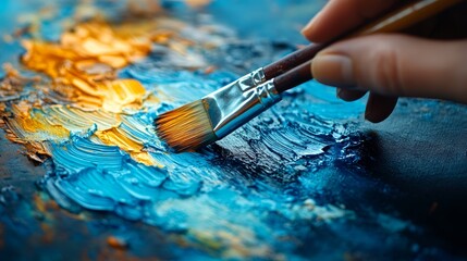 Fototapeta premium Close up of Hand Painting Canvas with Blue and Gold Oil Paints