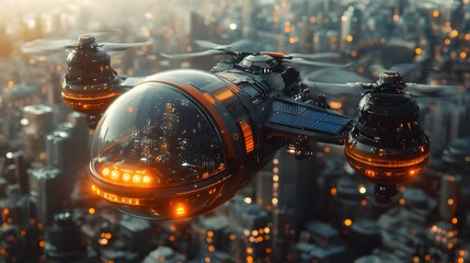 Futuristic Drone Carrying Transparent Glass Pods over Illuminated Cityscape at Night