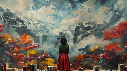 Woman Gazing at a Dreamy Mountain Landscape Painting