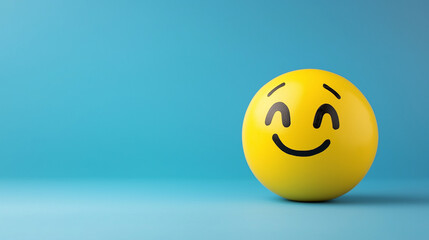 Fototapeta premium A bright yellow smiley face on a blue background serves as a representation of positive mental health and emotional well-being support, inspiring cheerfulness, copy space