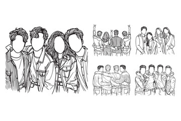 Black and white clipart depicting a joyful friendship among four individuals