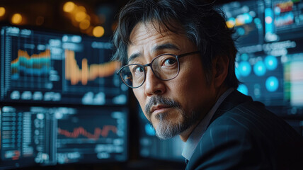 Financial analyst monitoring market data on multiple screens in a financial office setting