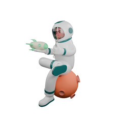 Professional 3D Space. A male astronaut sits on a miniature moon holding a miniature rocket in his right hand and holding a ring wrench in his left hand. Male