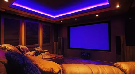Fototapeta premium Luxurious home theater room with ambient blue lighting and plush seating.