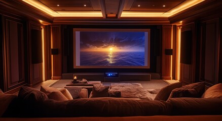 Luxurious home theater with a sunset ocean view on the big screen.