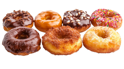 Assortment of freshly baked donuts with colorful toppings and glazes delicious