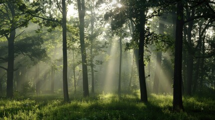Obraz premium Sunbeams Filtering Through a Misty Forest