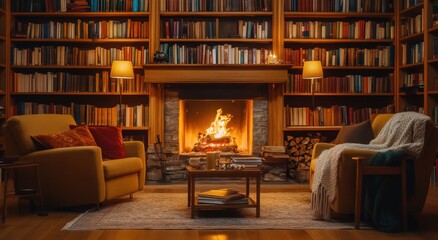 Cozy library with a warm fireplace, bookshelves, and inviting armchairs.