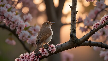 Serene Bird Perched on Cherry Blossom Branch at Sunset