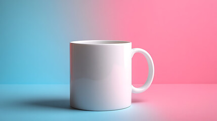 Obraz premium A white ceramic mug sits on a table against a backdrop of blue and pink.