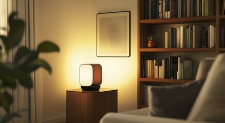 Cozy living room with a soft-glowing lamp and bookshelf full of books.