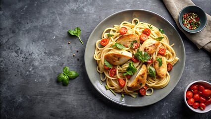 Delicious chicken and pasta dish on sleek gray background