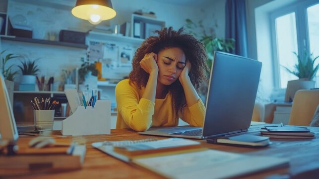 Stressed woman works from home.