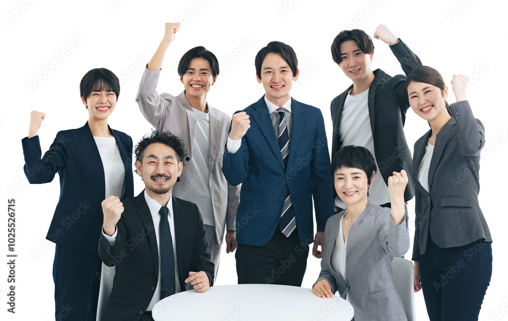 Poster ガッツポーズする幅広い世代のビジネスパーソンのグループ　手作業で精密に切り抜いた背景透過全身写真pn